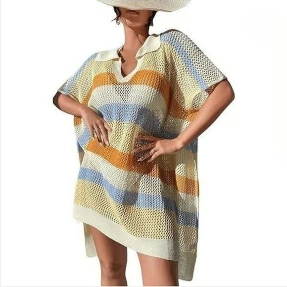 Anthropologie Other - Maeve by Anthropologie Cream Yellow Rust Aqua Striped Open Knit Polo Beach Cover